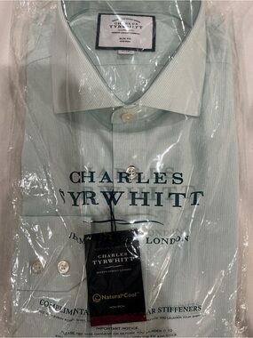 Charles Tyrwhitt Men's Aqua/Mint Green Striped Dress Shirt 16/34 Slim Fit NWT